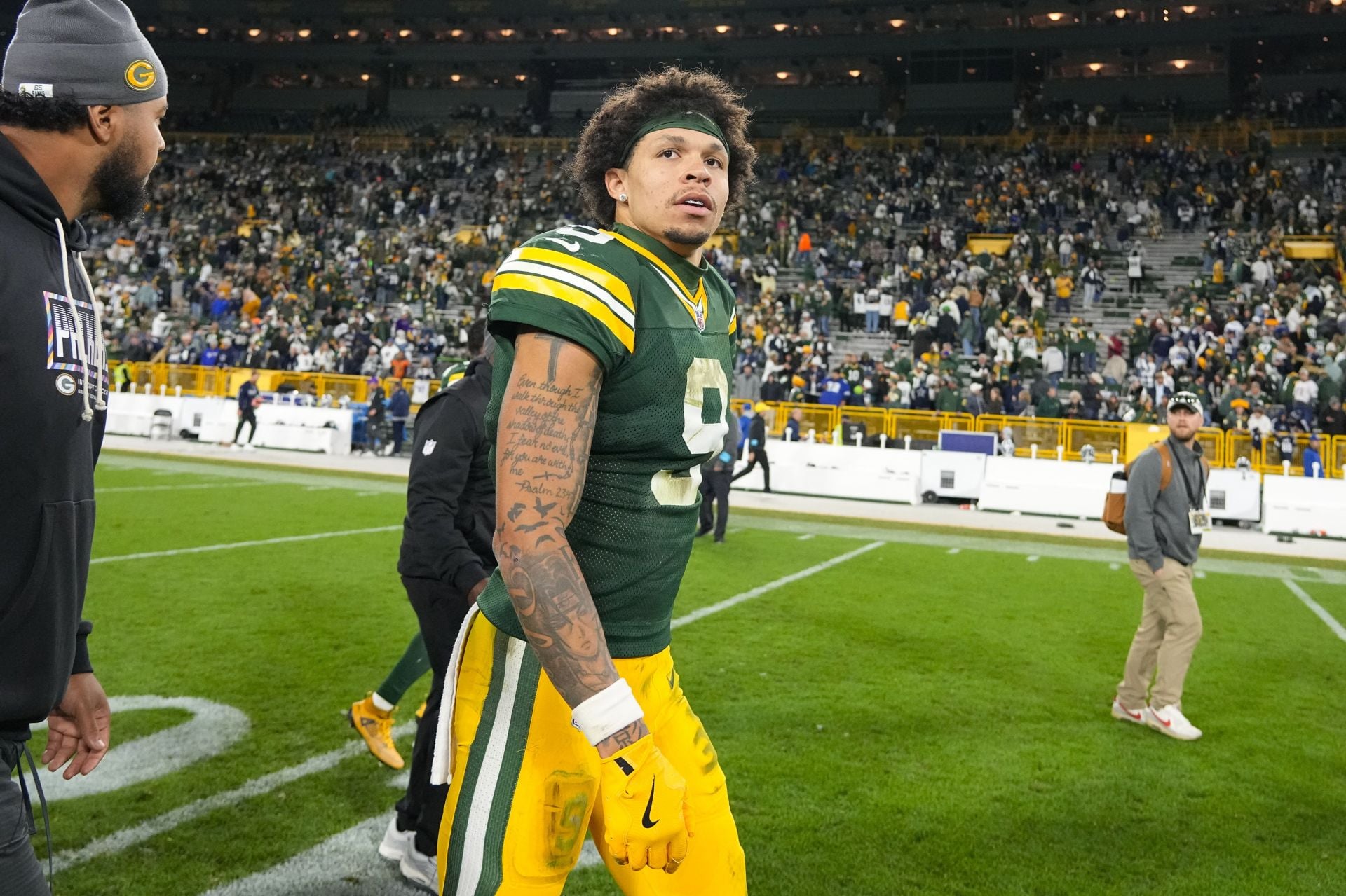 Green Bay Packers wide receiver Christian Watson walking off the field following the game against the Dallas Cowboys - Source: Imagn