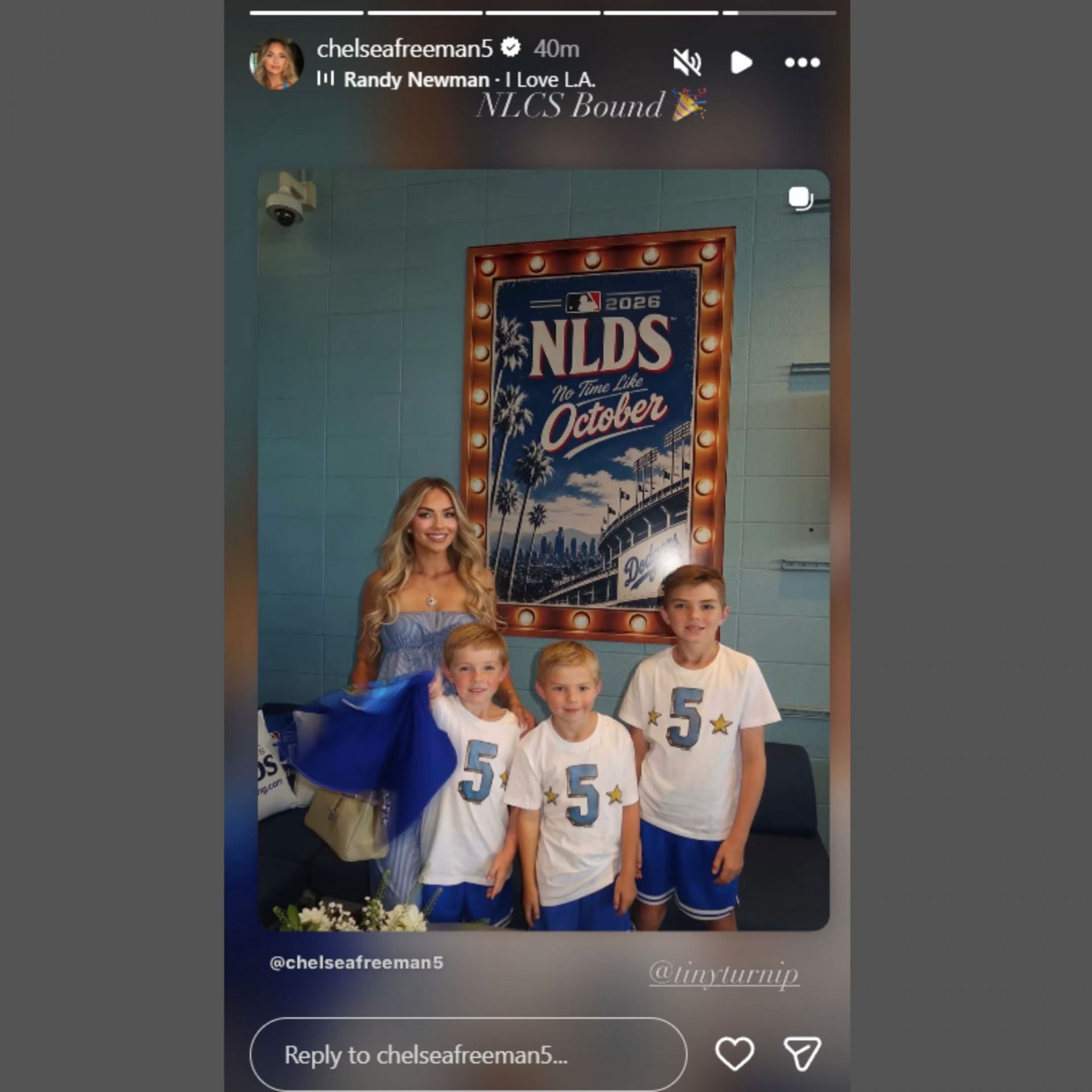 Freddie Freeman's wife Chelsea celebrates Dodgers NLDS win - Source: Instagram Story @chelseafreeman5