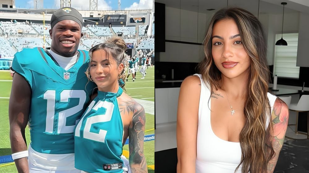 Travis Hunter’s wife Leanna shows off backless top baring tattoos after Jaguars star brutally embarrasses Tee Higgins