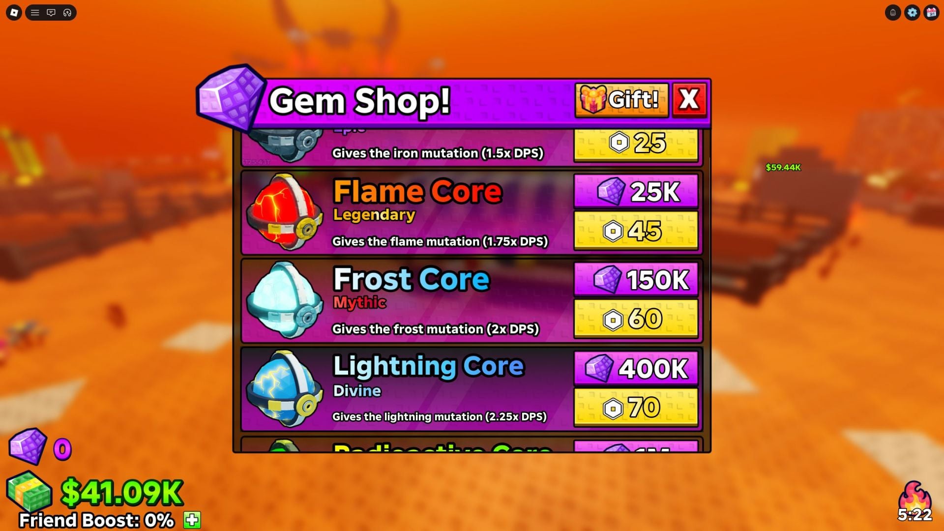 Gems can be used to buy Mutation Cores (Image via Roblox)