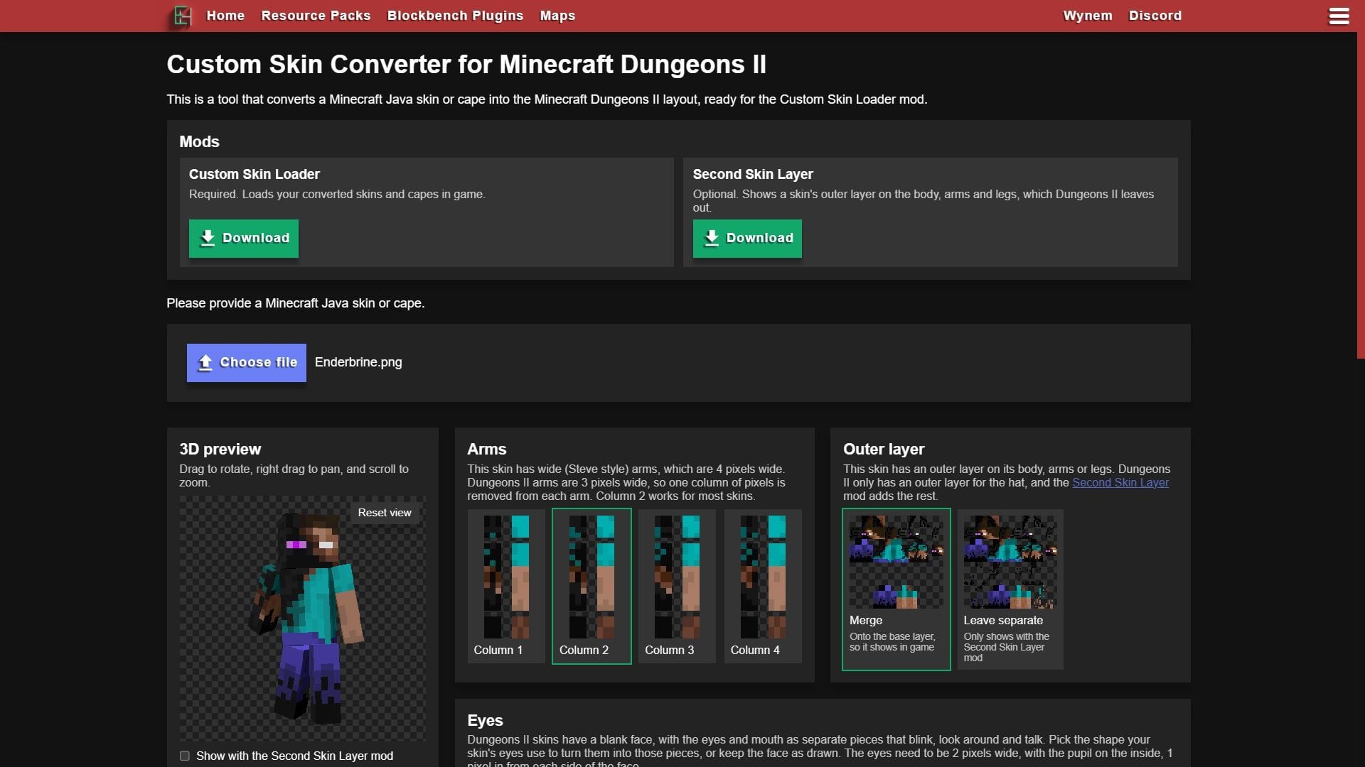 This website converts Java Edition skins for Dungeons II (Image via ewanhowell.com)