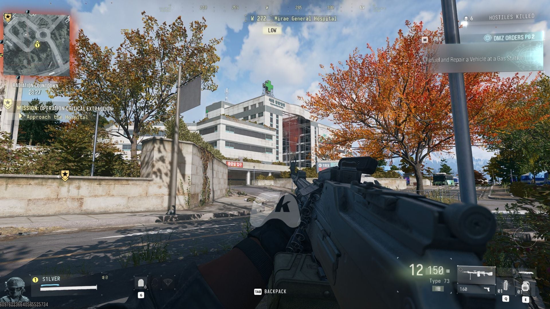 Screenshot oficial do DMZ de Modern Warfare 4 exibindo o Mirae General Hospital fortemente guardado