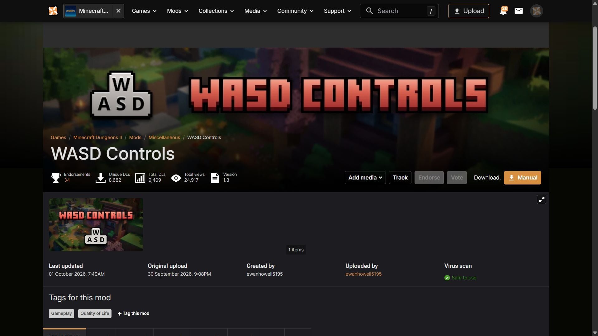 WASD controls mod on Nexus Mods (Image via Nexus Mods/@ewanhowell5195)