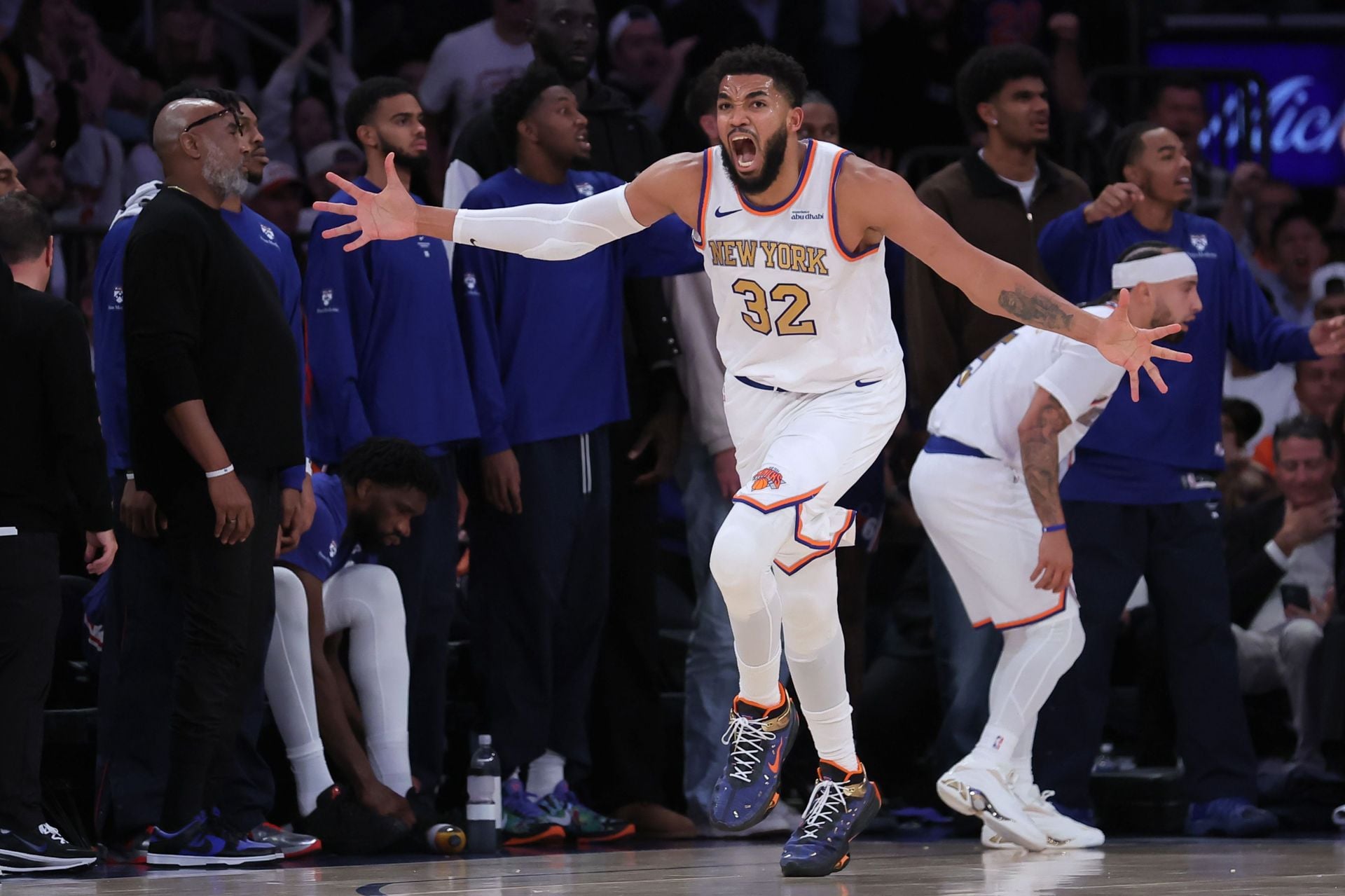 Karl-Anthony Towns went into foul trouble early in the Knicks' first game of the season. - Source: Imagn