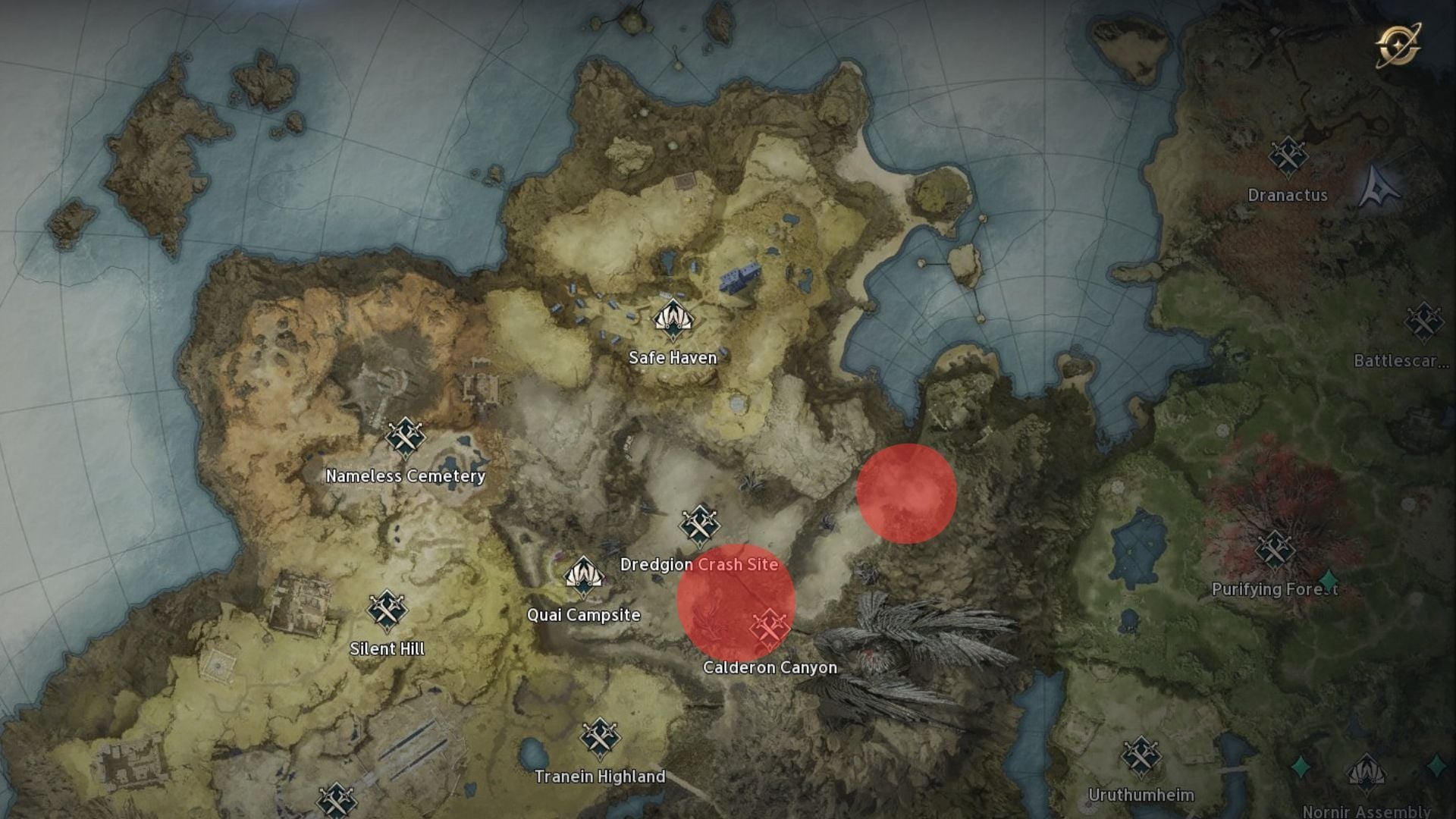 Map of Verteron showing areas with a high density of Orichalcum nodes