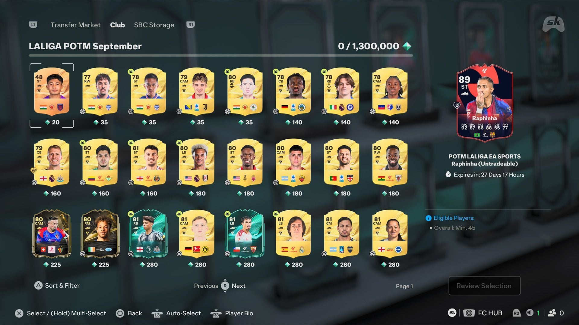 Requirements for Raphinha LaLiga POTM SBC in FC 27 Ultimate Team (Image via Sportskeeda || EA Sports)