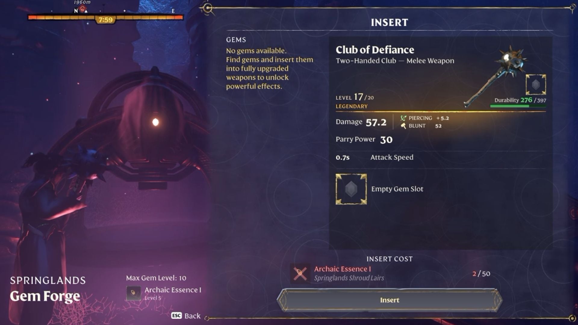Gem Forge menu socketing a gem into a weapon in Enshrouded 1.0