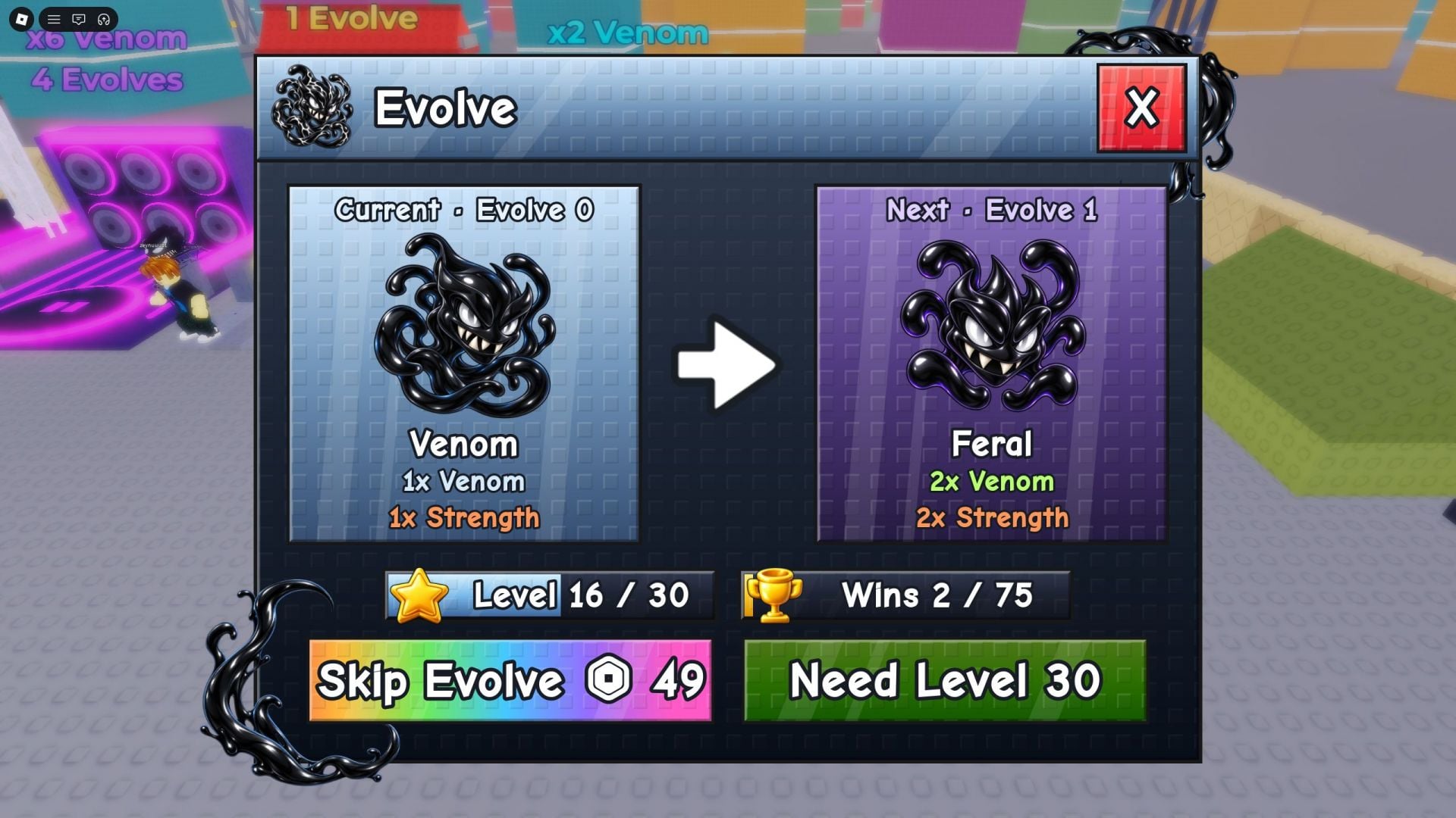 Tela de Evolve de +1 Venom Evolution, com o botão de Evolução no lado esquerdo da interface