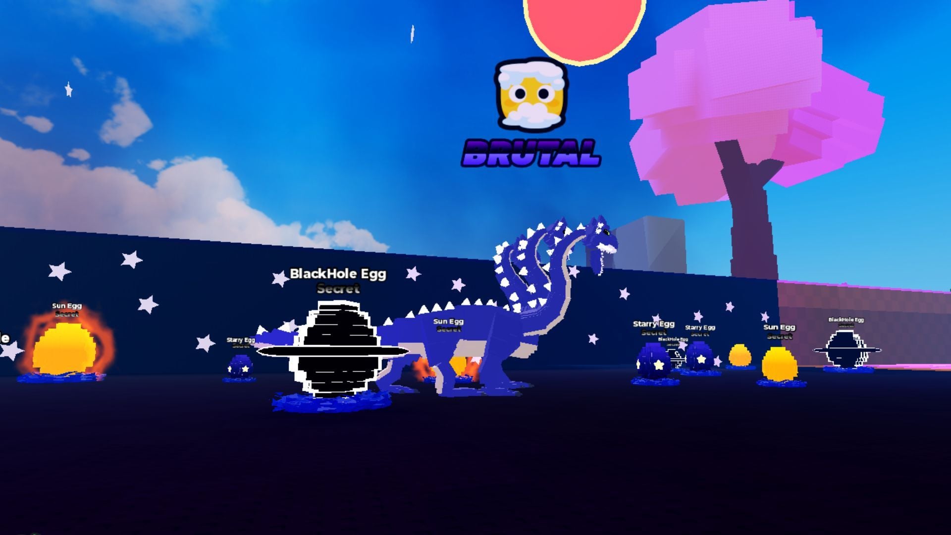 Break and Steal an Egg Brutal zone gameplay screenshot Break and Steal an Egg gameplay showing the Brutal zone with high-rarity eggs and a large guardian