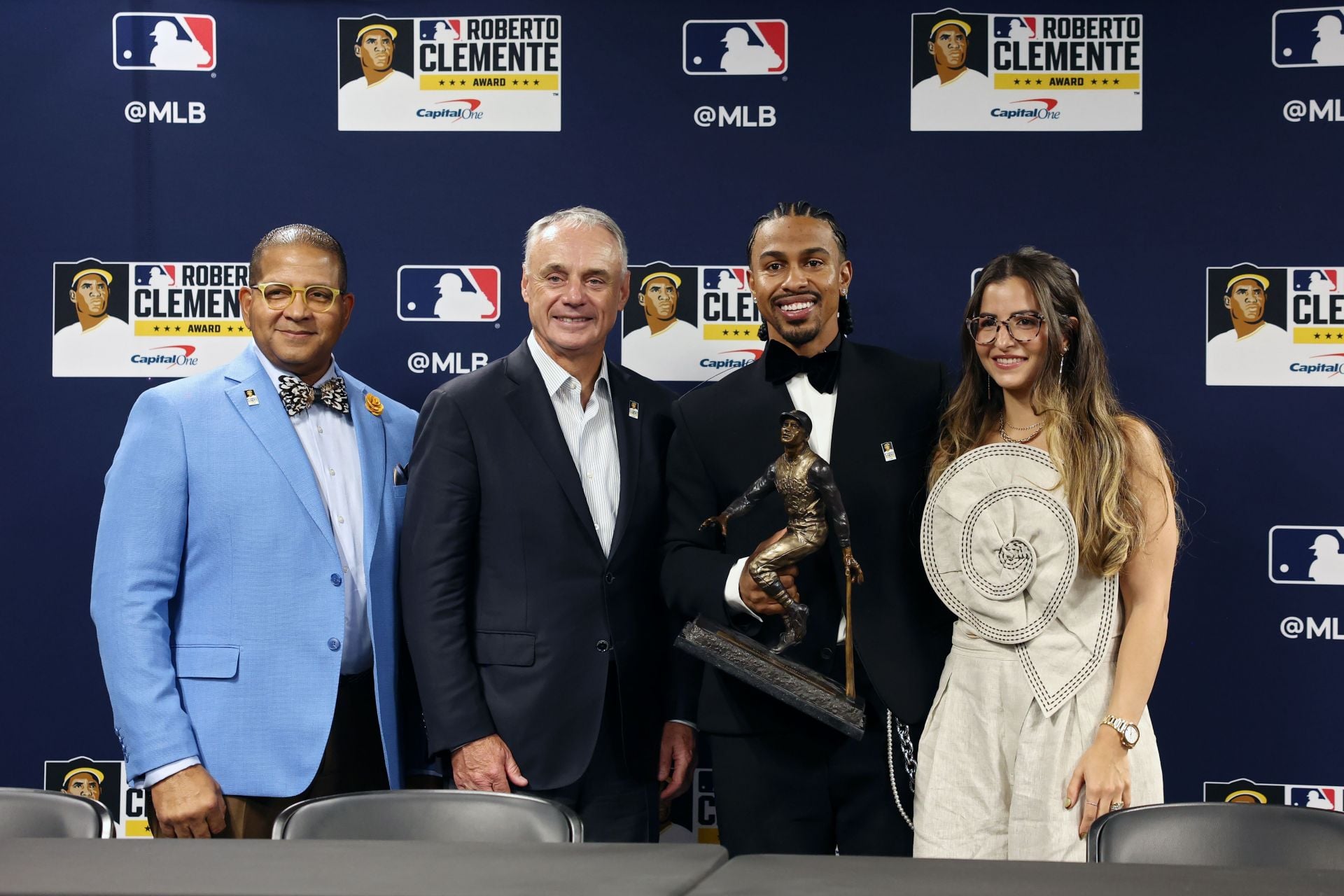 (Left to Right) Luis Clemente, MLB commissioner Robert Manfred, Francisco Lindor, Katia Lindor - Source: Getty