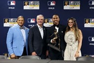 (Left to Right) Luis Clemente, MLB commissioner Robert Manfred, Francisco Lindor, Katia Lindor - Source: Getty