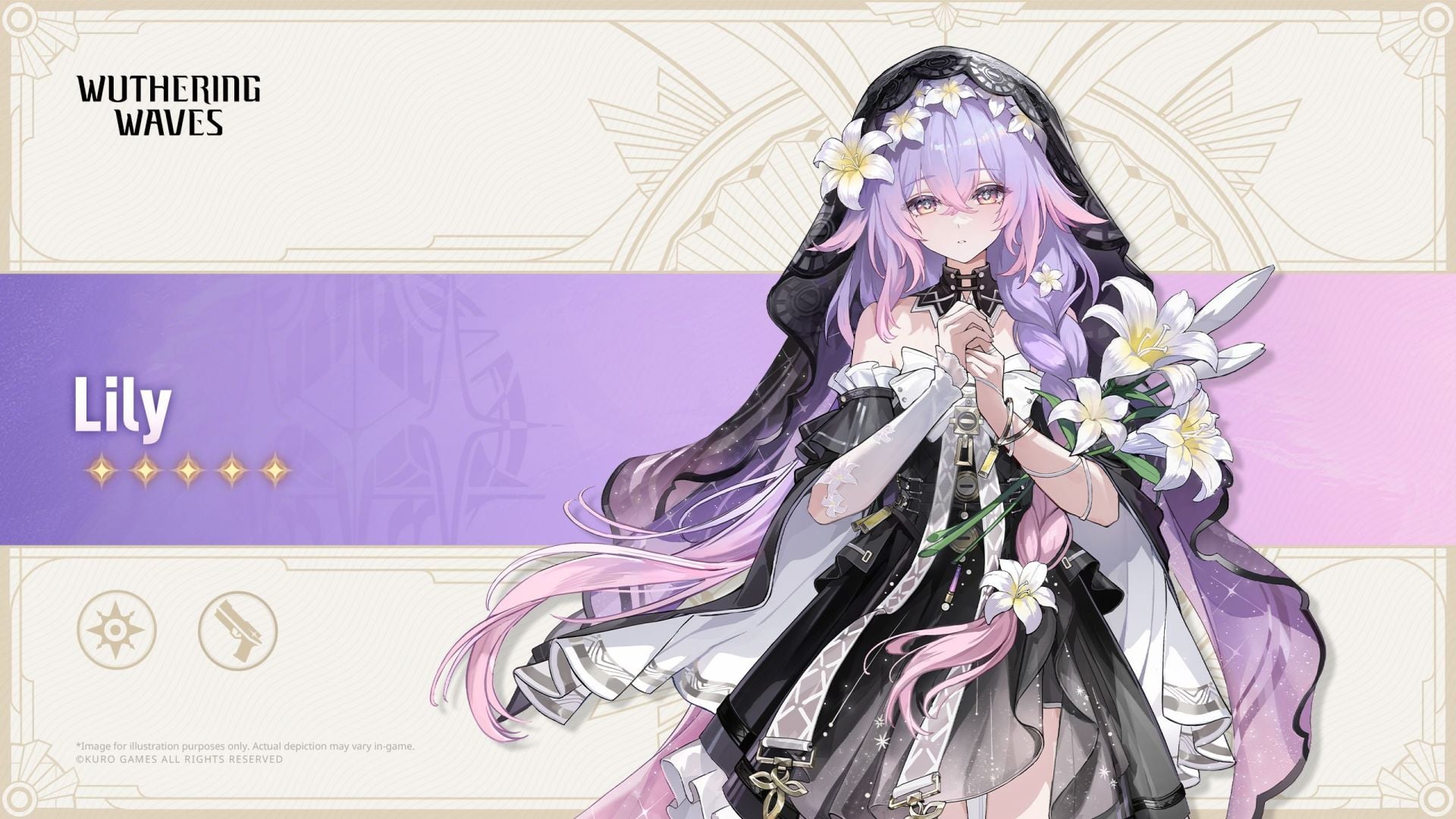 Wuthering Waves Lily five-star character card showing Spectro and Pistols icons