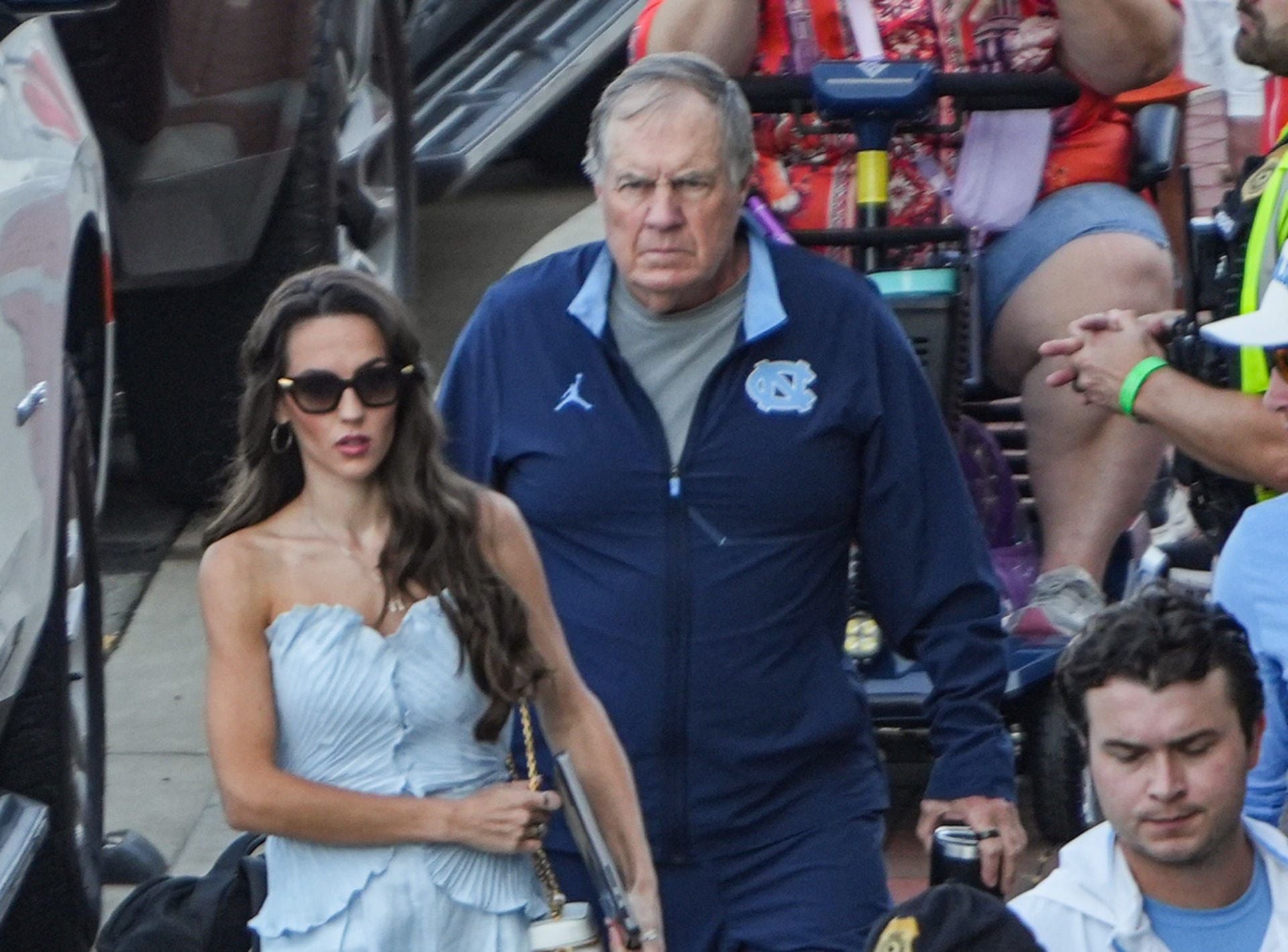 Jordon Hudson turns heads with Bill Belichick’s championship ring in shimmery pink outfit on the sidelines as UNC loses to Notre Dame