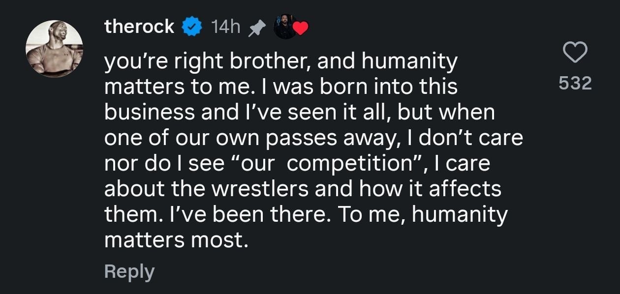 The Rock's comment on the Instagram post - Source: Instagram/clutchwrestling