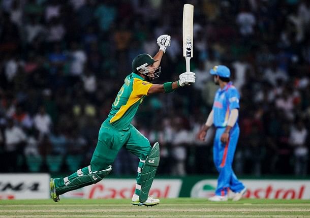 NAGPUR, INDIA - MARCH 12:  Robin Peterson of South Africa celebrates after scoring the winning runs during the Group B ICC World Cup Cricket match between India and South Africa at Vidarbha Cricket Association Ground on March 12, 2011 in Nagpur, India.