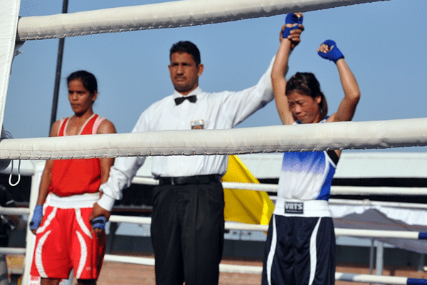 Victorious M.C. Mary Kom after thrashing her opponent P. Nirosha of Andhra Pradesh  to storm into the Semi Finals of the Women&#039;s National Boxing Championship in Bhopal.