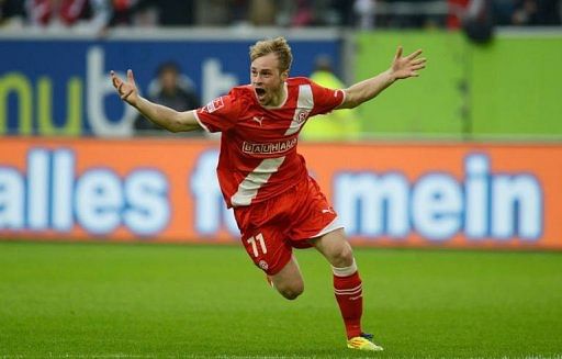 Duesseldorf&#039;s Maximilian Beister celebrates during the Relegation match