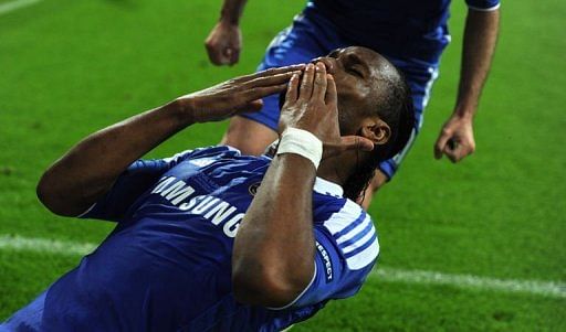 Chelsea&#039;s forward Didier Drogba celebrates after scoring a goal