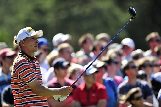 Marcel Siem watches his drive from the 11th tee during the third round of the PGA Championship at Wentworth