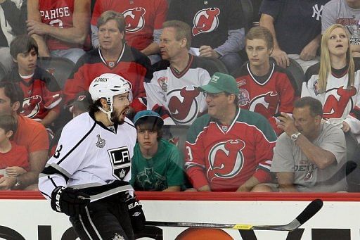 Los Angeles Kings&#039; Drew Doughty celebrates after scoring a goal during the game against the New Jersey Devils