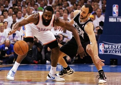 Oklahoma City Thunder's James Harden (L) came off the bench to score 16 points