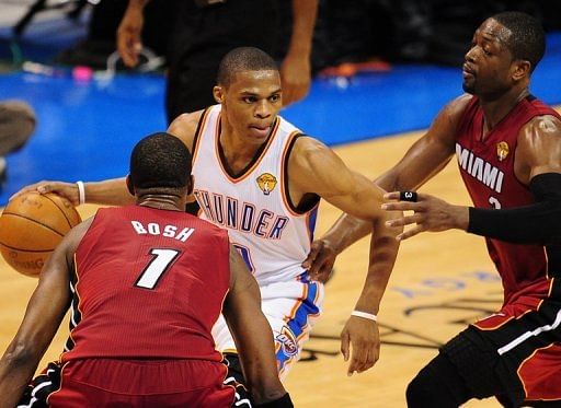 Russell Westbrook (C) finished with a team-high 11 assists, eight rebounds and 27 points for Oklahoma City Thunder