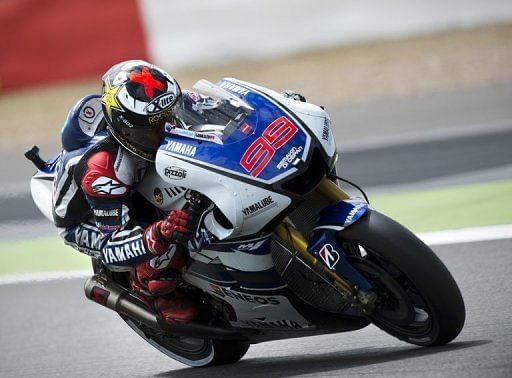 Jorge Lorenzo corners his Yamaha Factory GP bike during the MotoGP race at the British Grand Prix