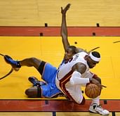 James shoots back at Ibaka