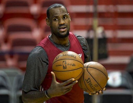 Miami Heat player LeBron James attends a practice at the American Airlines Arena in Miami