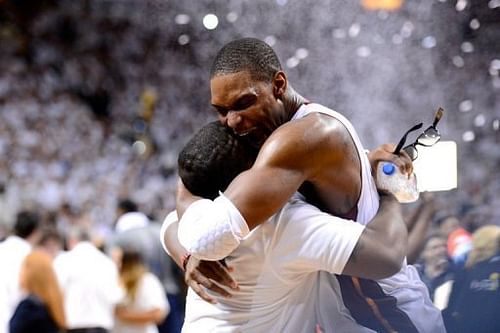 Chris Bosh of the Miami Heat celebrates after the Heat won 121-106 against the Oklahoma City Thunder