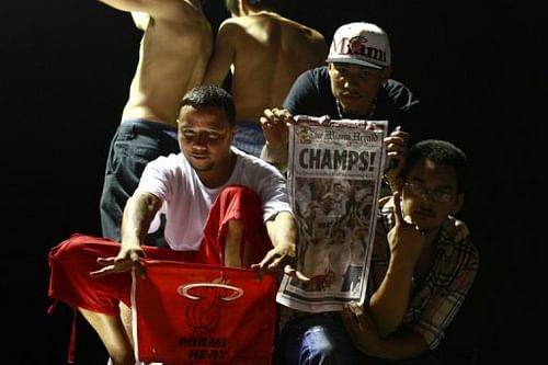 Fans celebrate the Miami Heat's victory