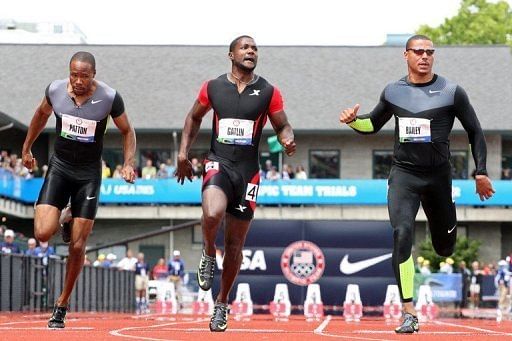 Justin Gatlin (C) qualified for the London Olympics in the 100 meters