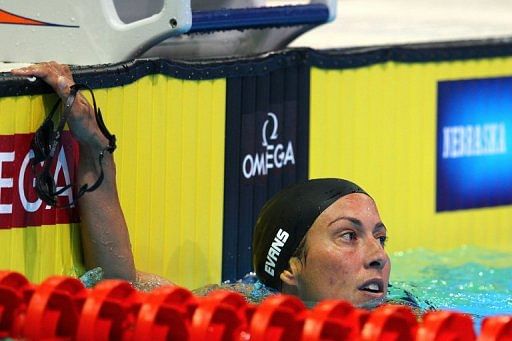 Janet Evans reacts after she competed in preliminary heat 6 of the Women&#039;s 400m freestyle