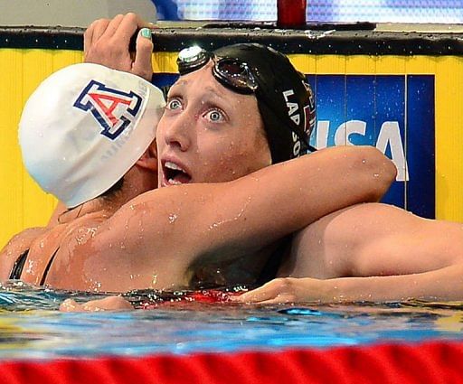 Breeja Larson (R) sprung a surprise in the women&#039;s 100m breaststroke, winning in 1:05.92