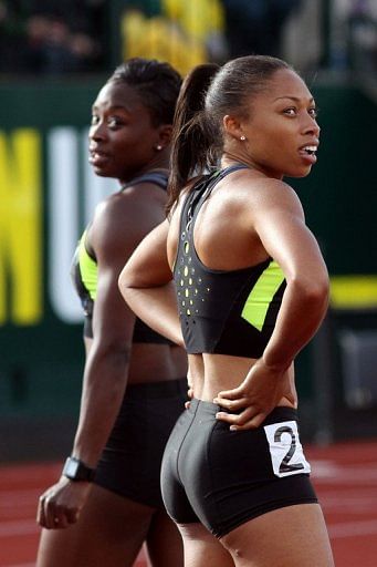 Allyson Felix (R) and Jeneba Tarmoh are still deadlocked for third and the last Olympic spot at 100m