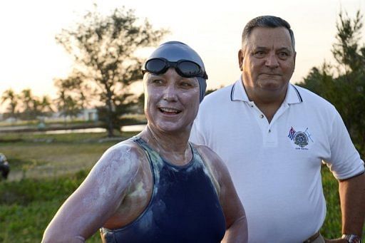 Palfrey smiles for the press just moments before her swim