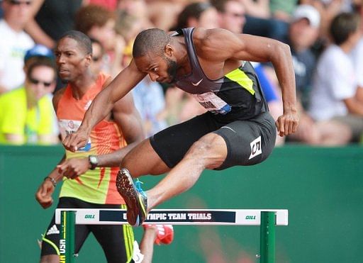 Angelo Taylor competes in the men&#039;s 400m hurdles qualifiers