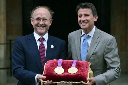 Seb Coe (R) and Rio Tinto Chairman Jan du Plessis pose at the Tower of London