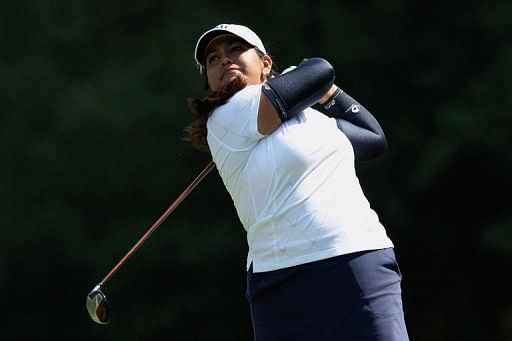 Lizette Salas watches her tee shot on the ninth hole during the first round