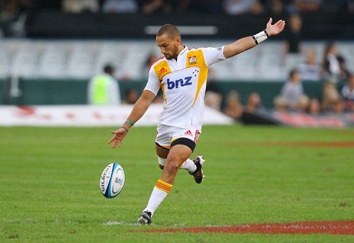 New Zealand Waikato Chiefs&#039; Aaron Cruden attempts a drop