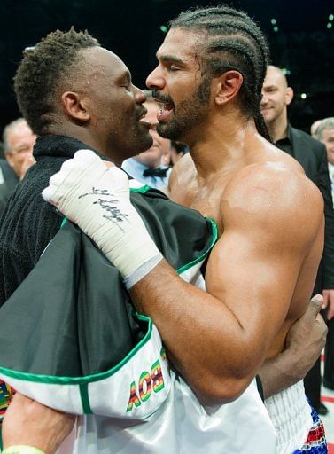 After distasteful pre-fight trash-talk, Haye (R) and Chisora embraced in the ring
