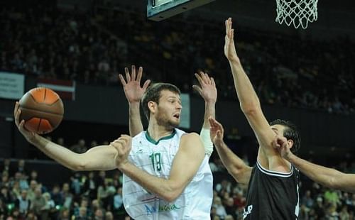 Britain's Joel Freeland (L) will make his NBA debut with the Portland Trailblazers next season