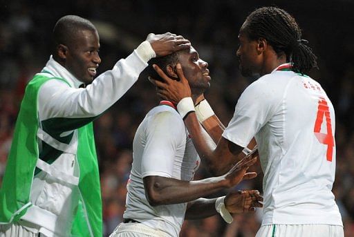 Senegal&#039;s Moussa Konate (C) celebrates after scoring