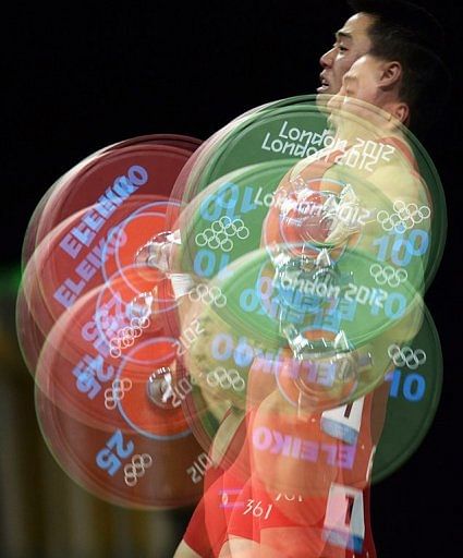 This multiple exposure picture shows Kim Un Guk competing