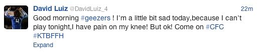 Chelsea players tweet - Luiz injured, more from Hazard and Cole