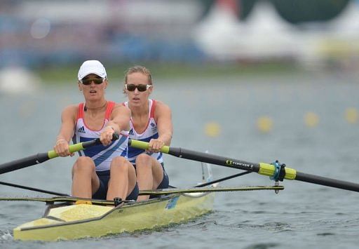 Helen Glover (right) and Heather Stanning compete in the women&#039;s pair final A to win the gold medal in the rowing event