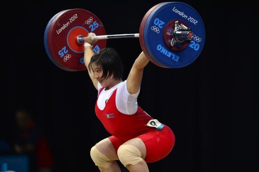 North Korea&#039;s Rim Jong Sim competes in the women&#039;s 69kg group A weightlifting event