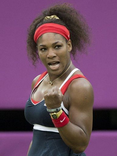 Serena Williams of the US reacts after a shot to Russia's Vera Zvonareva