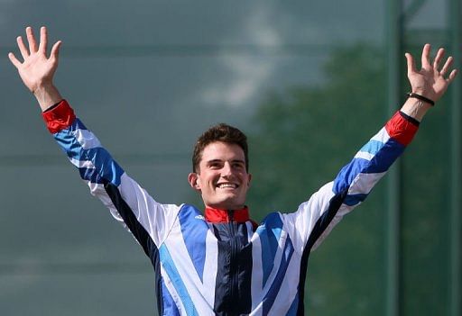 Great Britain&#039;s Peter Wilson celebrates on the podium