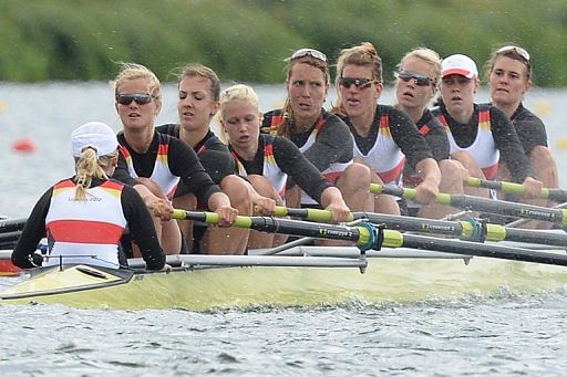 Nadja Drygalla (4th left) competes as part of the German eight during the London 2012 Olympics at Eton Dorney on July 29